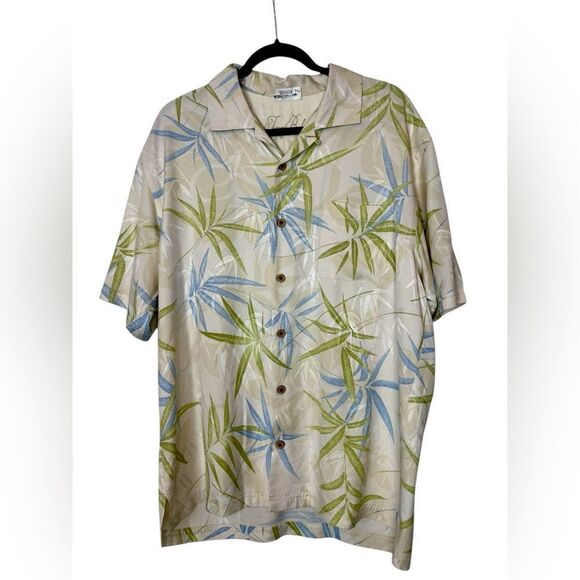 TOMMY BAHAMA BEIGE FLORAL TROPICAL HAWAIIAN BUTTON UP SHORT SLEEVE SHIRT LARGE - Picture 1 of 8